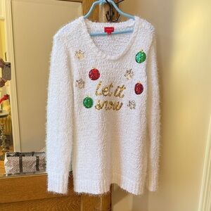 Festive let it snow White Sweater with Gold, Green, Silver and Red Sequins